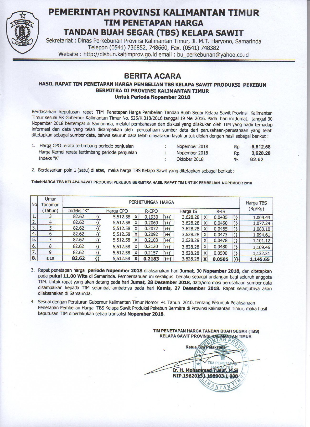 Informasi Harga TBS Kelapa Sawit Bulan November 2018