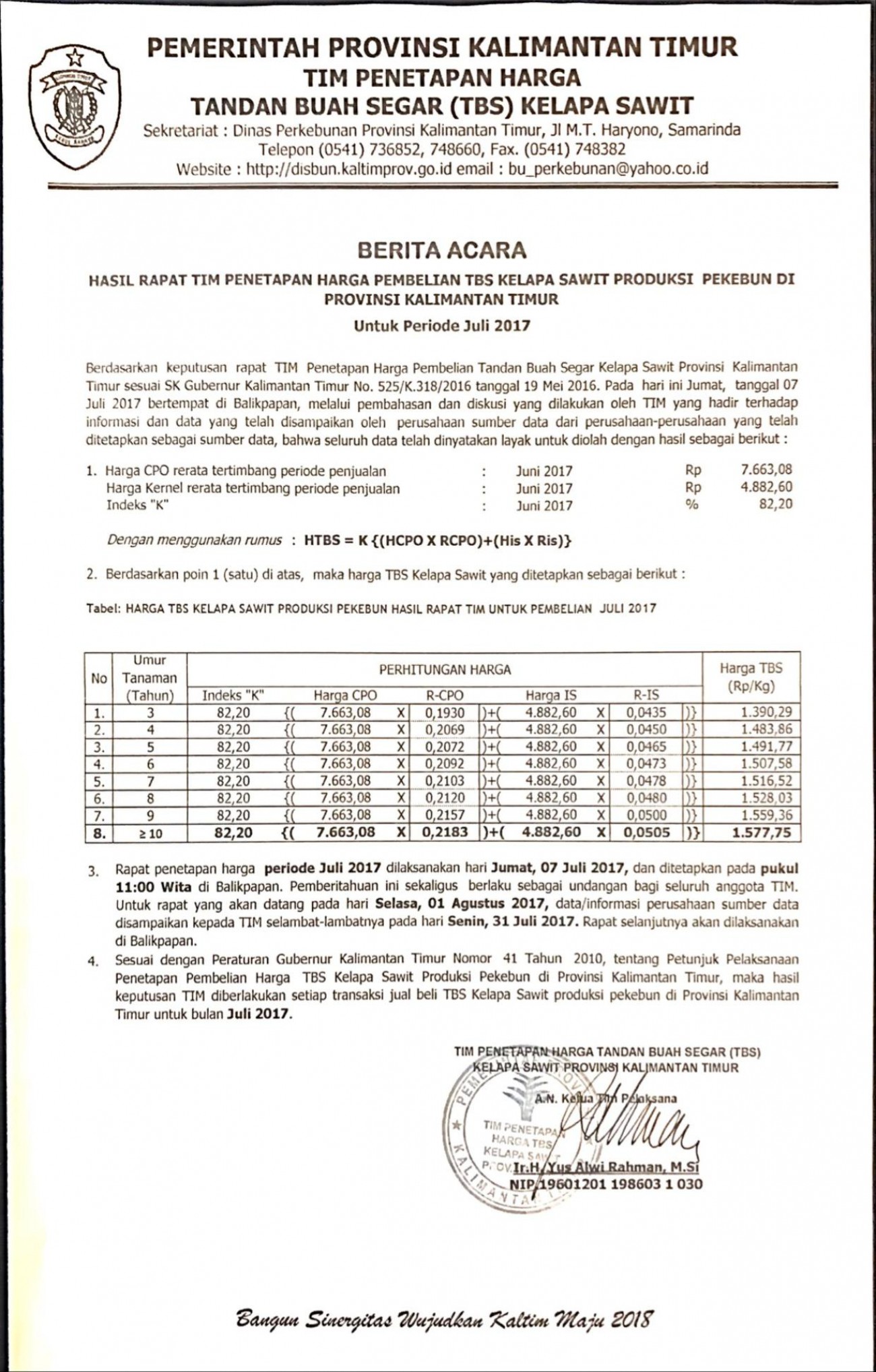 Informasi Harga TBS Kelapa Sawit Bulan Juli 2017