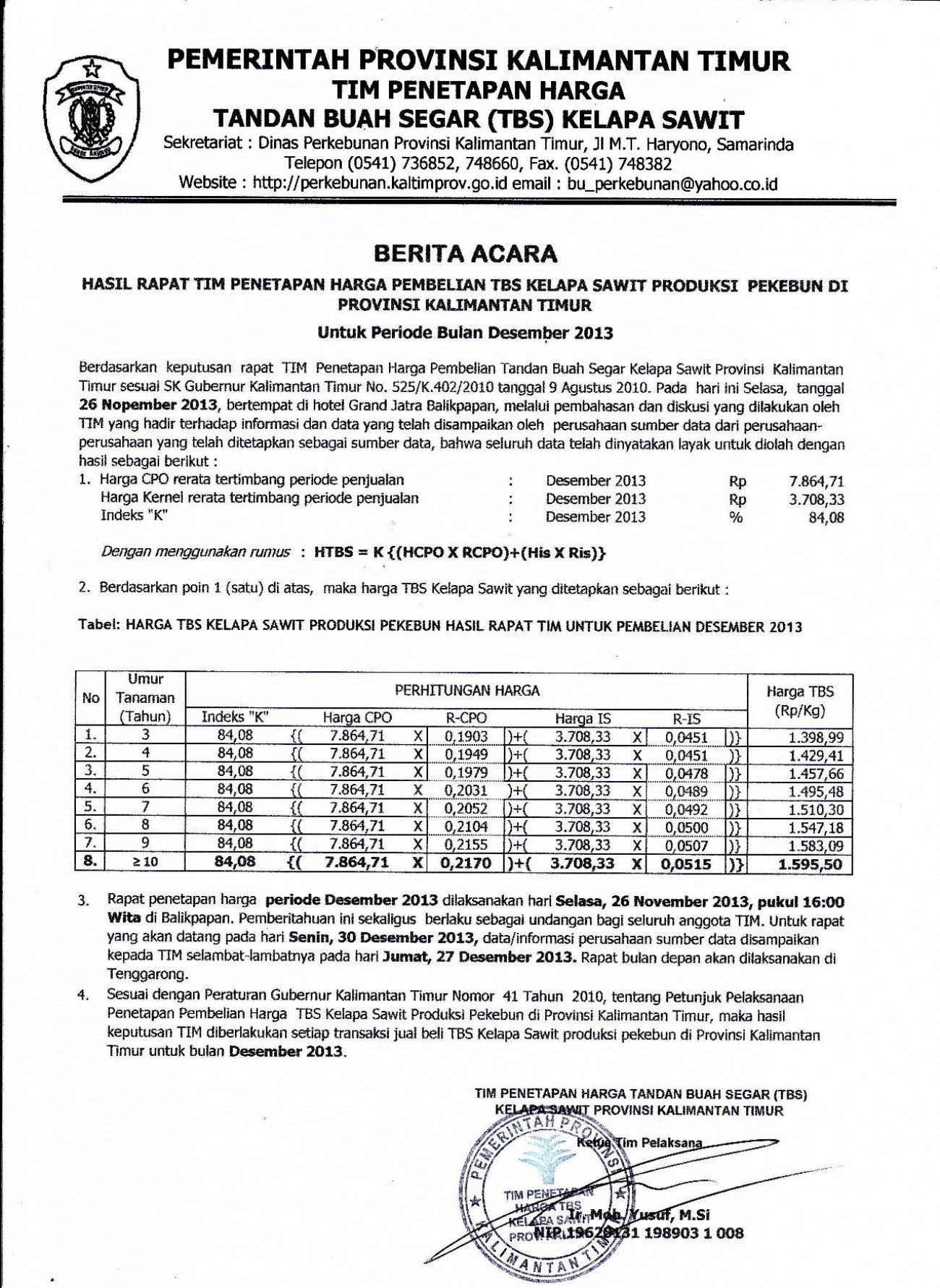 Informasi Harga TBS Kelapa Sawit Bulan Desember 2013