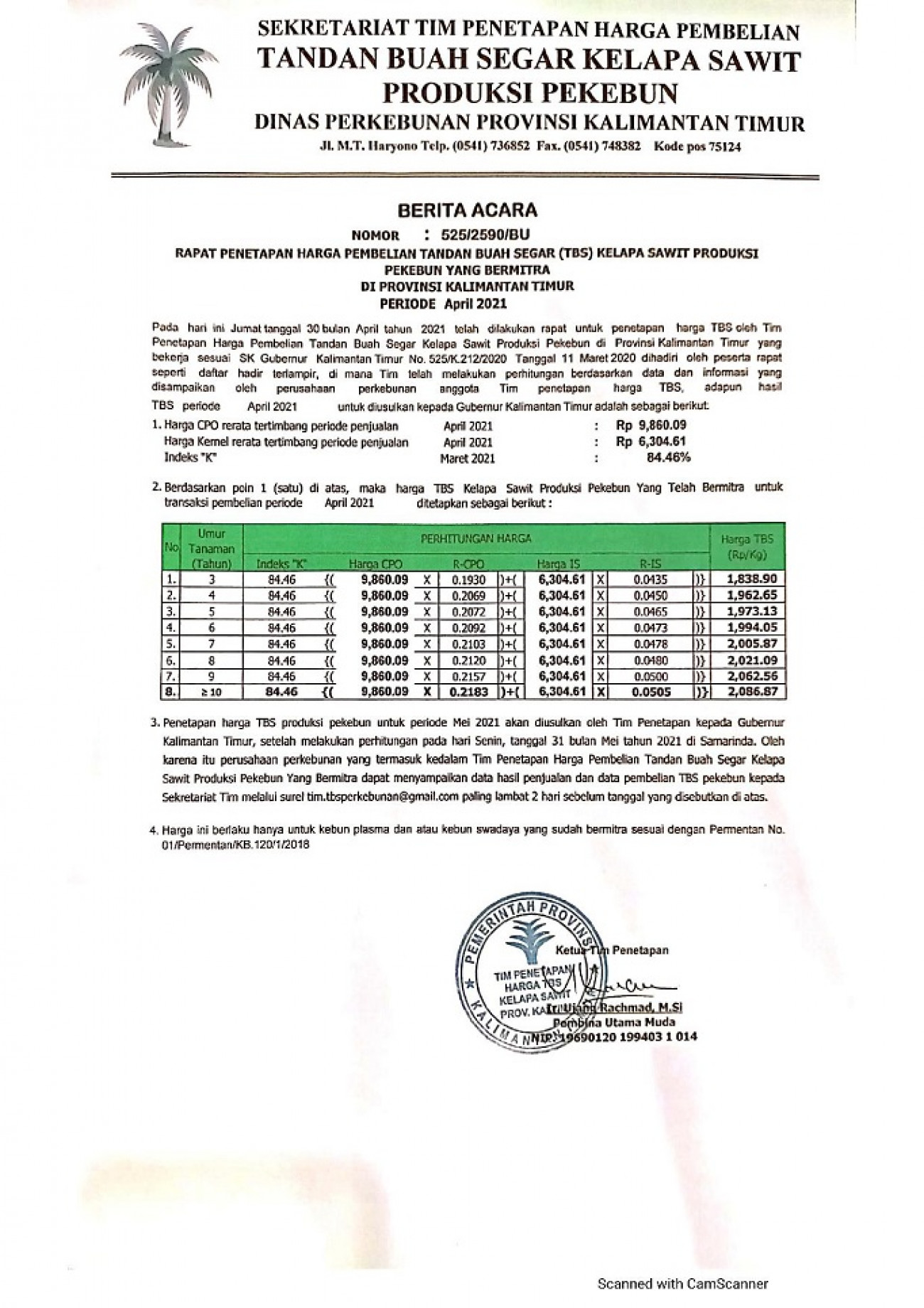 Informasi Harga TBS Kelapa Sawit Bagi Pekebun Bermitra Bulan April 2021