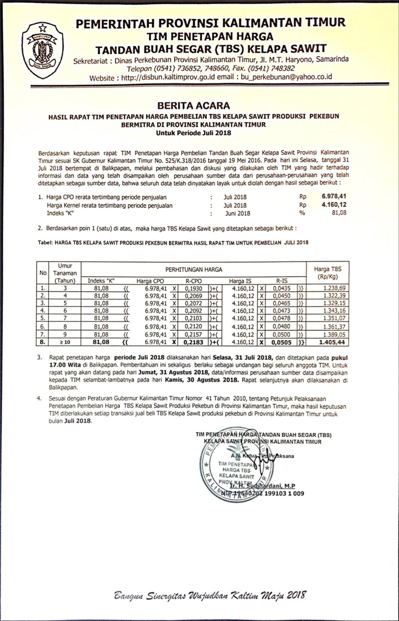 Informasi Harga TBS Kelapa Sawit Bulan Juli 2018