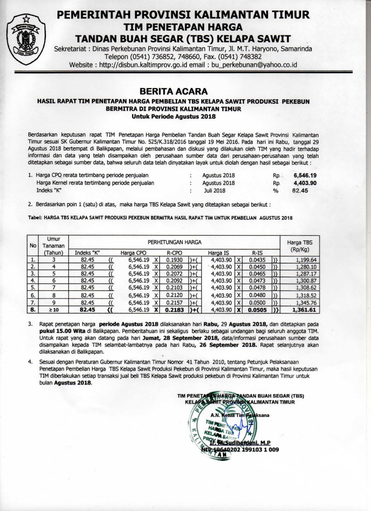 Informasi Harga TBS Kelapa Sawit Bulan Agustus 2018